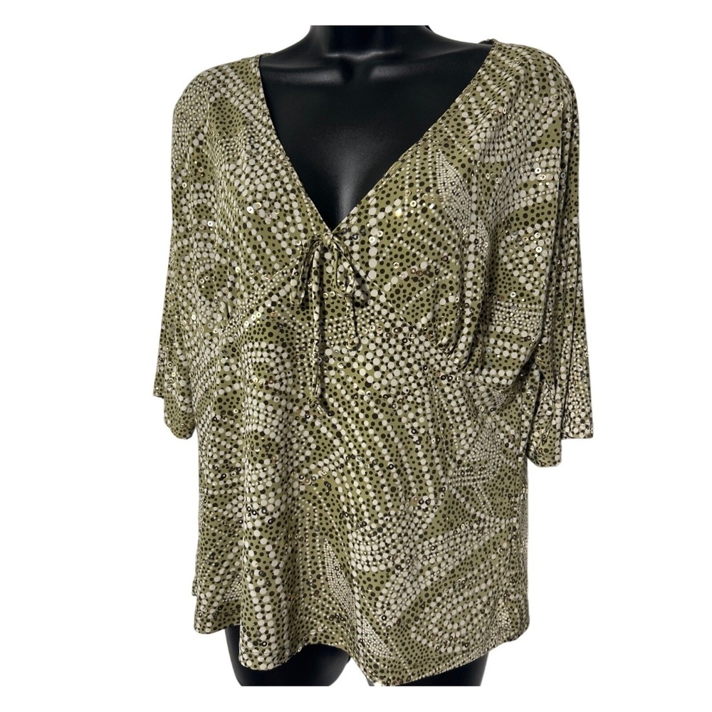 Dressbarn Olive Green Sequin Geometric Dot V-Neck Tie Front Kimono Blouse Top